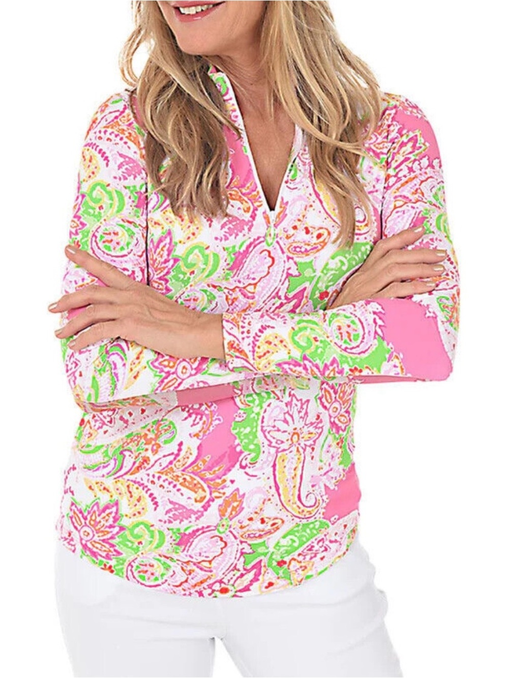 ❤️MAKE OFFER❤️ G Lifestyle Long Sleeve Golf Pink Green Paisley Half Zip XL Top